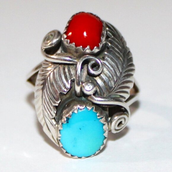 Jewelry - Vintage Southwestern Red Coral Turquoise Sterling Silver Ring
